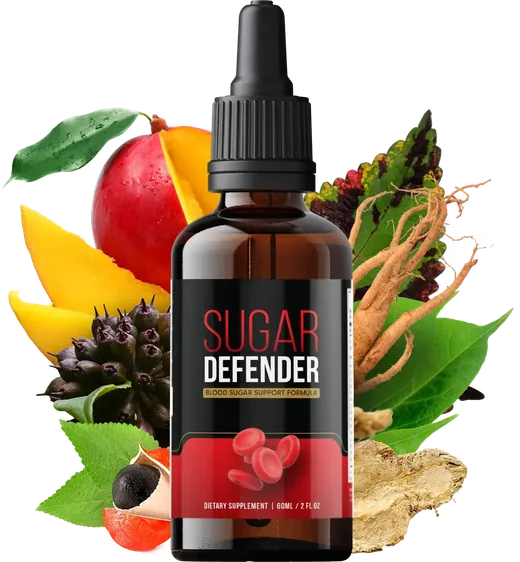 An amber Sugar Defender dropper bottle with the black, gold and red label, surrounded by fruit, roots, leaves and seeds