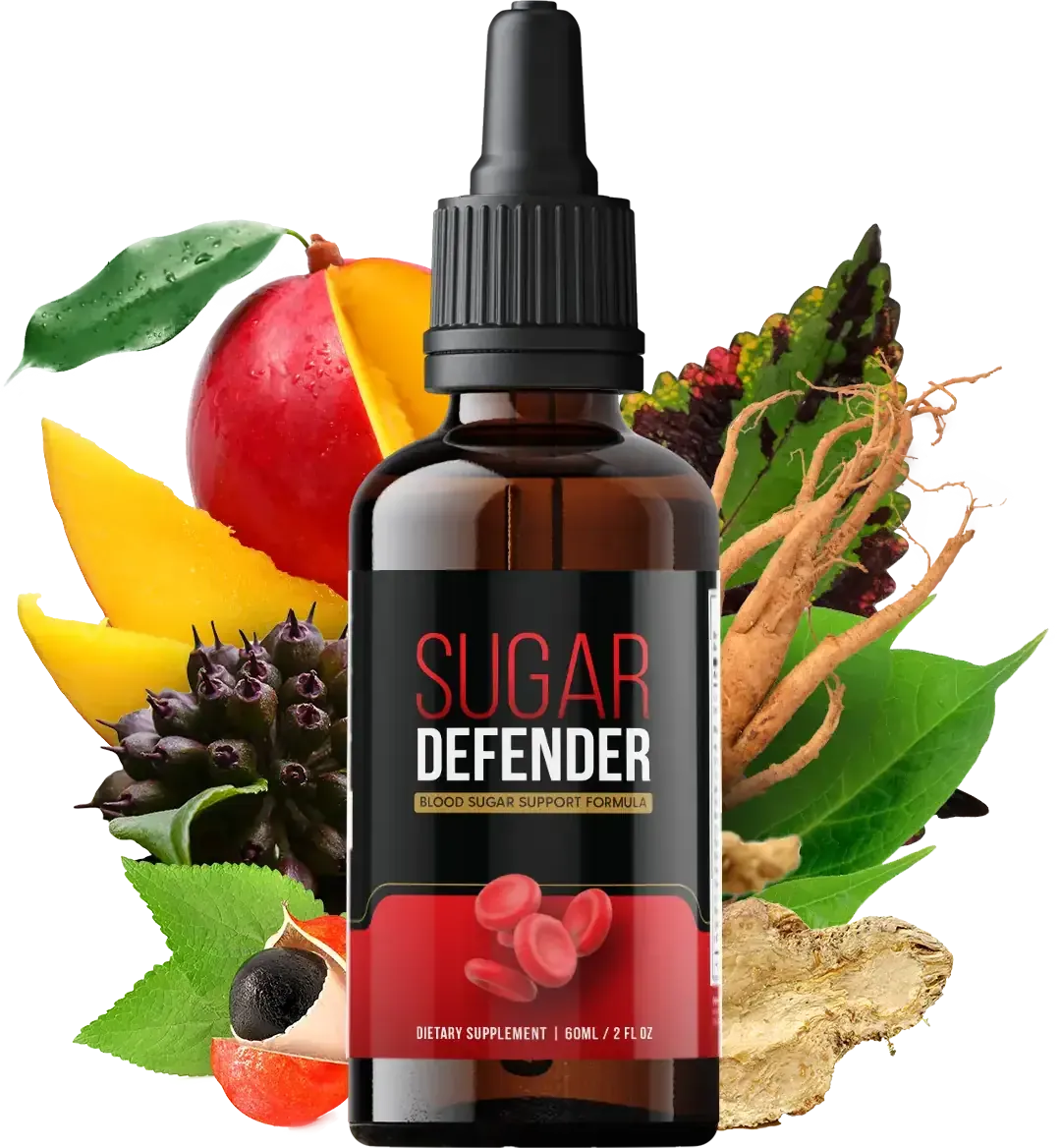 A Sugar Defender bottle surrounded by mango, guarana fruit, roots, leaves and seeds