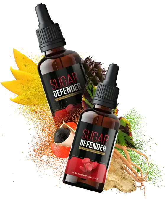 Two Sugar Defender bottles tilted over a splash of colored powders, roots and leaves