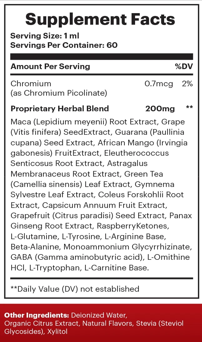 The Sugar Defender Supplement Facts panel: serving size 1 ml, 60 servings, chromium 0.7 mcg, a 200 mg proprietary herbal blend of 22 ingredients, and the other ingredients in a red band