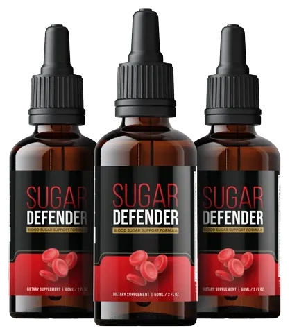 3 amber Sugar Defender dropper bottles with the black, gold and red label