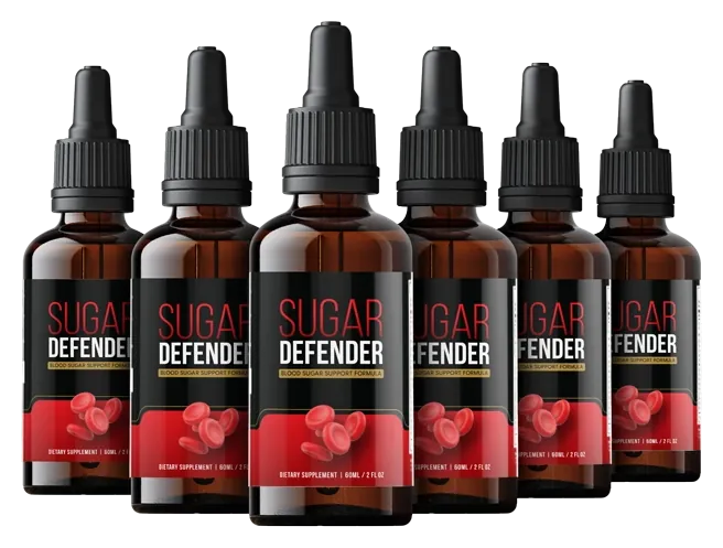 6 amber Sugar Defender dropper bottles with the black, gold and red label