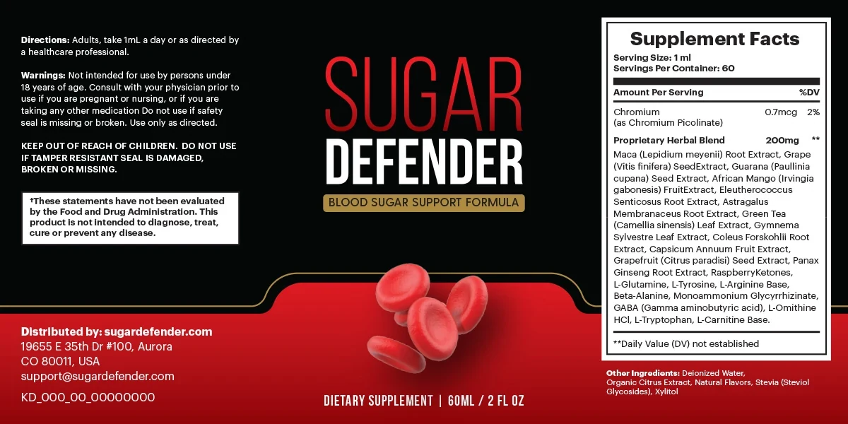 The flat Sugar Defender label: directions and warnings on the left, SUGAR DEFENDER with a gold Blood Sugar Support Formula band in the middle, the Supplement Facts panel on the right